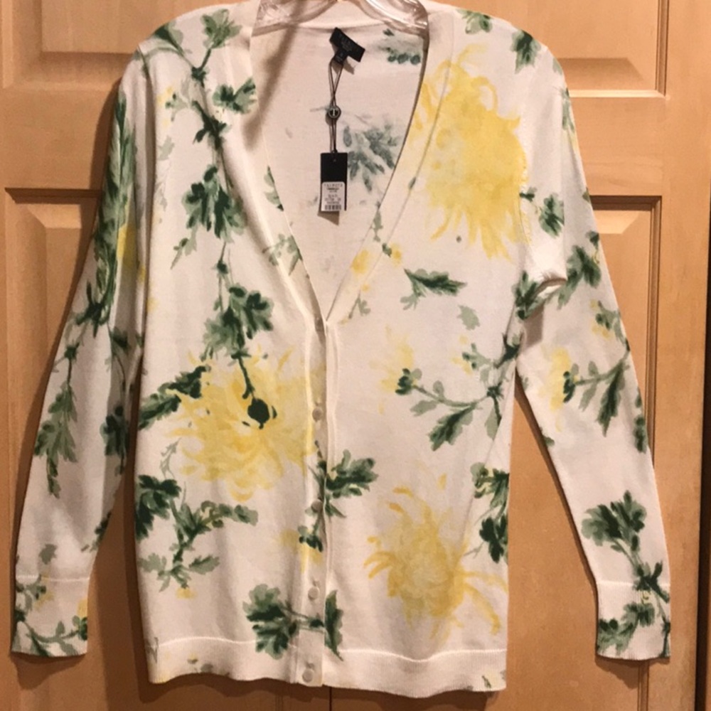 Talbots Cream Floral Cardigan with Yellow and Green Print
